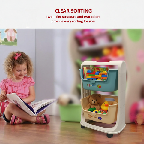 KRISHYAM® Multi-Layer Toy Storage Organizer Rack with Wheels | Kids Toy Shelf with Removable Bins for Toys, Books & Stationery (2-Tier Kids Basket (Matte Finish)