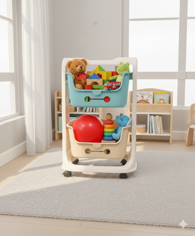 KRISHYAM® Multi-Layer Toy Storage Organizer Rack with Wheels | Kids Toy Shelf with Removable Bins for Toys, Books & Stationery (2-Tier Kids Basket (Matte Finish)