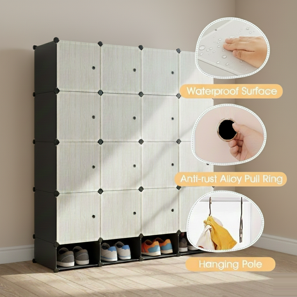 KRISHYAM® Modular 16-Cube Wardrobe Storage Cabinet with Doors, 2 Hanging Rod & 1 External Hanger Hook | DIY Plastic Closet Organizer with Metal Frame (16 Box Wardrobe + 4 Shoe Box (White))