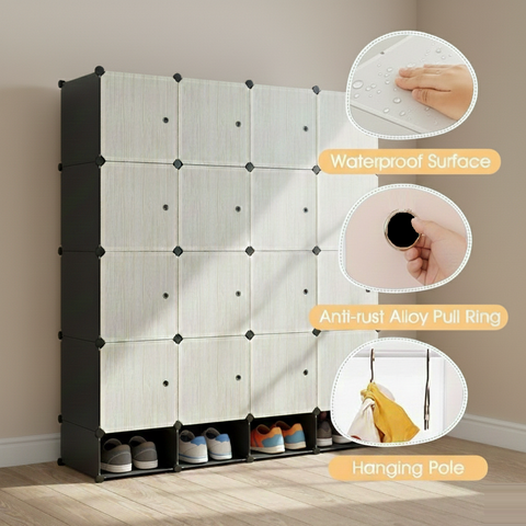 KRISHYAM® Modular 16-Cube Wardrobe Storage Cabinet with Doors, 2 Hanging Rod & 1 External Hanger Hook | DIY Plastic Closet Organizer with Metal Frame (16 Box Wardrobe + 4 Shoe Box (White))