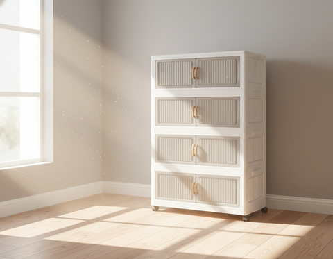 KRISHYAM® Modular Plastic Storage Cabinet with Translucent Doors & Wheels | Multi-Tier Clothes & Utility Organizer | Dustproof Freestanding Wardrobe (4 Layer - 4 Transparent Door (White)