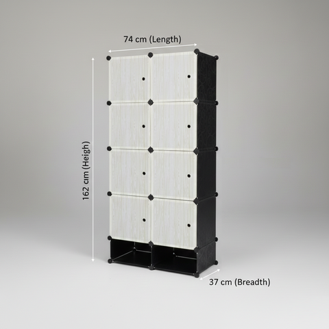 KRISHYAM® Modular 8-Cube Wardrobe Storage Cabinet with Doors, 1 Hanging Rod & 1 External Hanger Hook | DIY Plastic Closet Organizer with Metal Frame (8 Box Wardrobe + 2 Shoe Box (White))