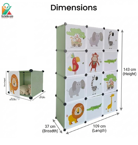 KRISHYAM® Kids Jungle Animal Print Collapsible Wardrobe with 2 Hanging Rod &1 External Hanger Hook | 8/12-Cube Modular Plastic Storage Cabinet | DIY Foldable Clothes Organizer (8/12 Box Lion Print)