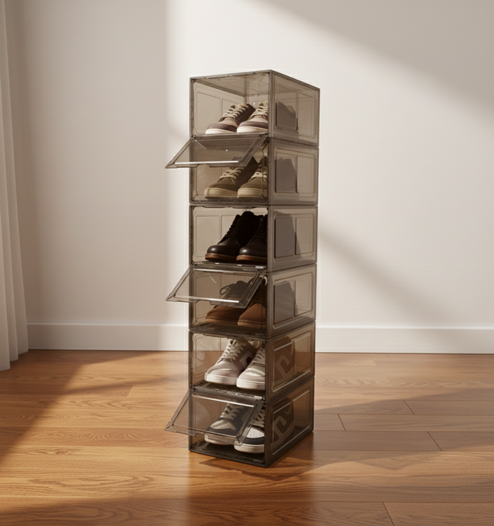 KRISHYAM® Clear Stackable Shoe Storage Boxes with Transparent Front Door & Aromatherapy Floral Fragrance | Front-Open Foldable Shoe Organizer (BLACK, White,PACK OF 6)