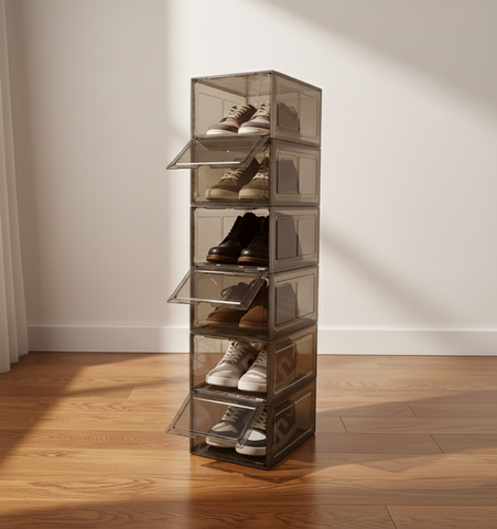 KRISHYAM® Clear Stackable Shoe Storage Boxes with Transparent Front Door & Aromatherapy Floral Fragrance | Front-Open Foldable Shoe Organizer (BLACK, White,PACK OF 6)