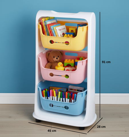 KRISHYAM® 3-Tier Kids Toy Storage Organizer Rack with Wheels | Dual-Tone Plastic Toy Shelf with Removable Bins for Toys, Books & Stationery (3-Tier Kids Basket (Glossy Finish)
