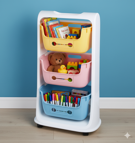 KRISHYAM® 3-Tier Kids Toy Storage Organizer Rack with Wheels | Dual-Tone Plastic Toy Shelf with Removable Bins for Toys, Books & Stationery (3-Tier Kids Basket (Glossy Finish)