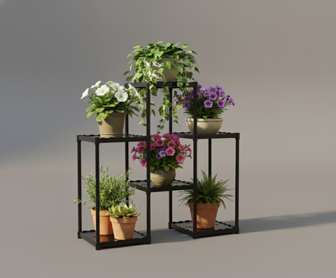 KRISHYAM® 6-Tier Plastic Flower Stand for Indoor & Outdoor | Multi-Layer Plant Display Rack for Pots | Rust-Free, Heavy-Duty Garden Organizer Shelf (BLACK & WHITE, 6 TIER)
