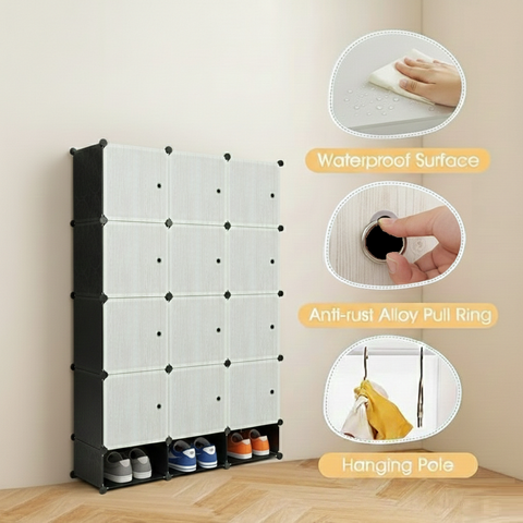 KRISHYAM® Modular 12-Cube Wardrobe Storage Cabinet with Doors, 1 Hanging Rod & 1 External Hanger Hook | DIY Plastic Closet Organizer with Metal Frame (12 Box Wardrobe + 3 Shoe Box (White))