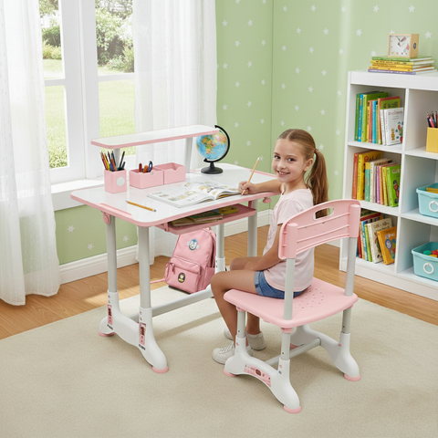 KriShyam ® Height Adjustable Kids Study Table & Chair Set with Book Stand Plastic Desk Chair (Finish Color - Pink & White (C25), DIY(Do-It-Yourself))