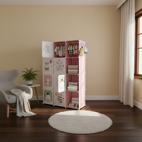 KRISHYAM® Kids Modular Wardrobe with Cartoon Animal Prints – 8/12 Cube Storage Organizer Cabinet with Doors | DIY Portable Space Saving Cupboard for Bedroom & Nursery (8/12 Box Bear Print)