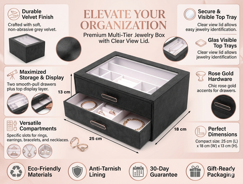 BucketList® Premium PU Leather Jewellery Organizer Box with Glass Lid | 2 Pull-Out Drawers Multi-Compartment Storage for Rings, Earrings, Necklaces & Bracelets (2-Layer Jewelry Box (Black, Pink, Red, White)
