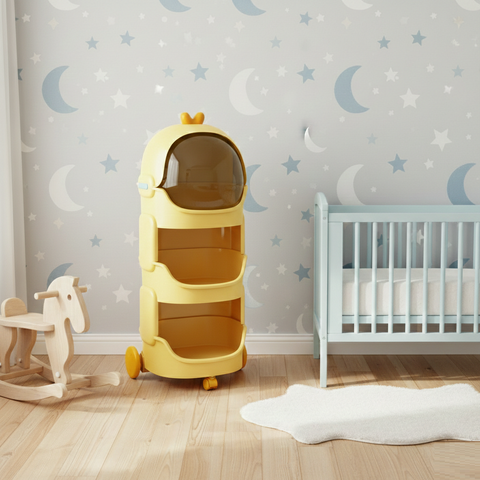 KRISHYAM® Space Astro Storage Organizer with Wheels | 3-Tier Kids Toy, Diaper & Baby Essentials Storage Cabinet | Space-Themed Plastic Organizer (3-Tier Kids Seace Astro (Yellow)