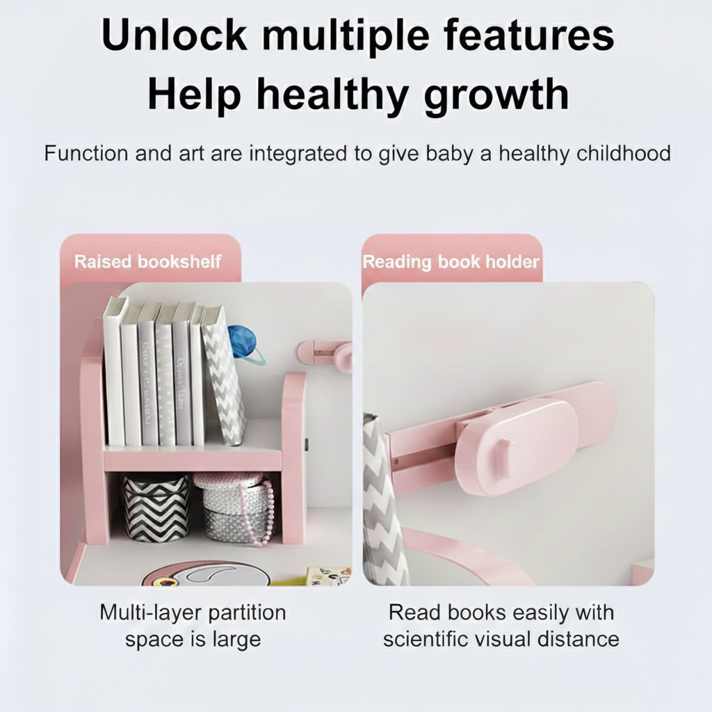 KRISHYAM® Kids Adjustable Study Table & Chair Set with Storage Drawer & Bookshelf | Height Adjustable Student Study Desk for Boys & Girls | Ergonomic Design (Pink & White (C23))