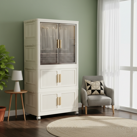 KRISHYAM® 2 Layer Plastic Wardrobe Cabinetwith Transparent Sliding Doors & Drawer Storage | Multi-Layer Clothes Organizer Cabinet with Wheels.