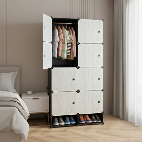 KRISHYAM® Modular 8-Cube Wardrobe Storage Cabinet with Doors, 1 Hanging Rod & 1 External Hanger Hook | DIY Plastic Closet Organizer with Metal Frame (8 Box Wardrobe + 2 Shoe Box (White))