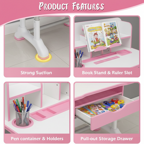 KRISHYAM® Kids Adjustable Study Table & Chair Set with Storage Drawer & Bookshelf | Height Adjustable Student Study Desk for Boys & Girls | Ergonomic Design (Pink & White (C23))