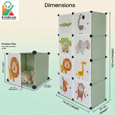 KRISHYAM® Kids Jungle Animal Print Collapsible Wardrobe with 2 Hanging Rod &1 External Hanger Hook | 8/12-Cube Modular Plastic Storage Cabinet | DIY Foldable Clothes Organizer (8/12 Box Lion Print)