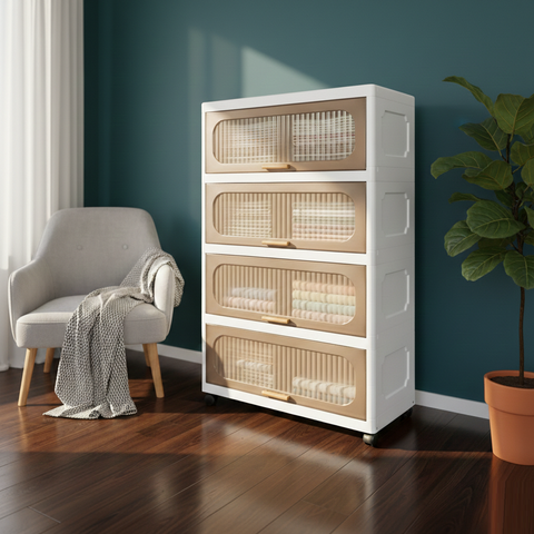 KRISHYAM® Modular Plastic Storage Cabinet with Translucent Doors & Wheels | Multi-Tier Clothes & Utility Organizer | Dustproof Freestanding Wardrobe (4 Layer - 4 Door (White))