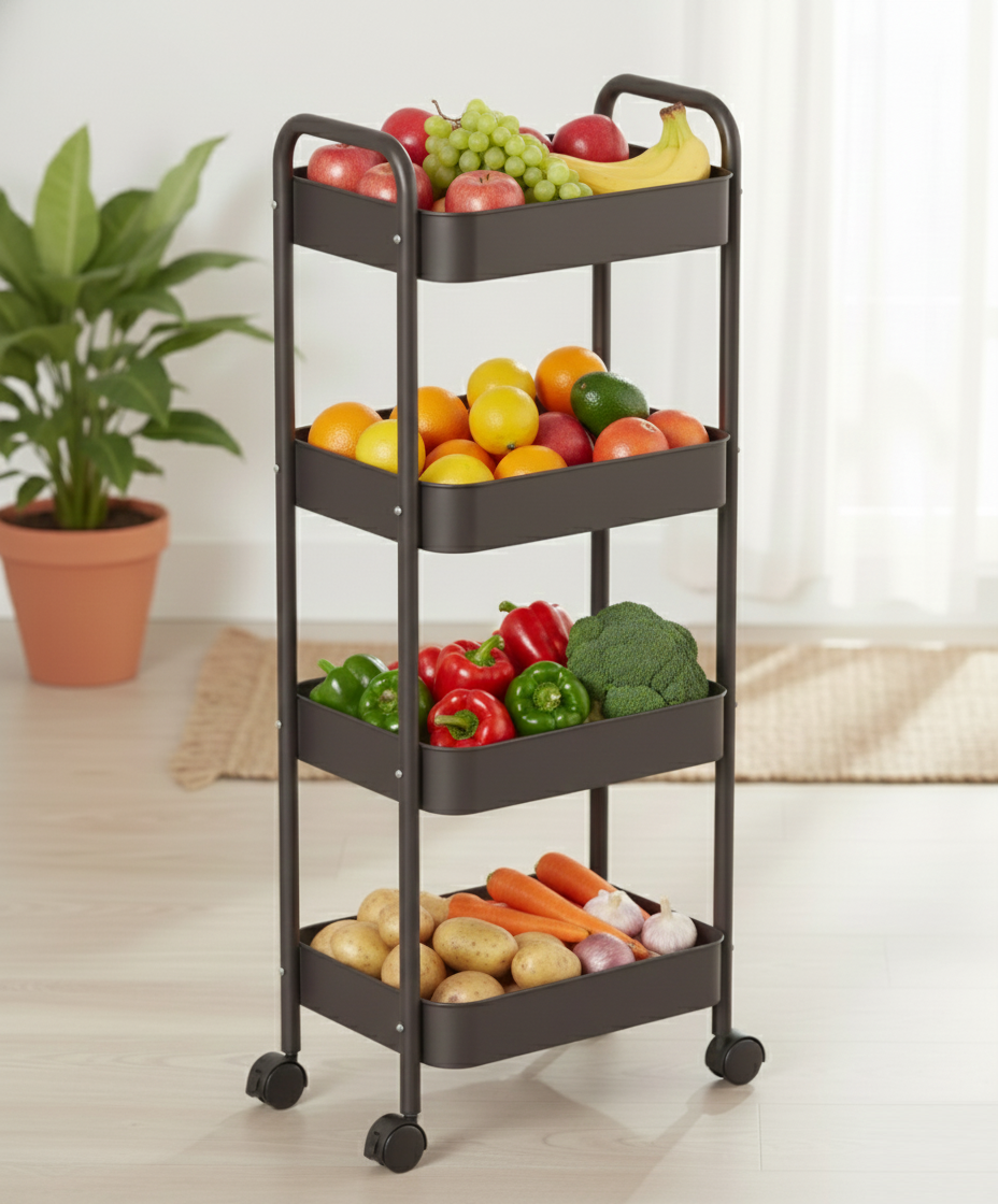 KRISHYAM® 4-Tier Metal Rolling Storage Trolley Cart with Wheels & Handle | Multipurpose Utility Organizer for Kitchen, Bathroom, Office & Salon | Heavy-Duty Steel (4-Layer Square)
