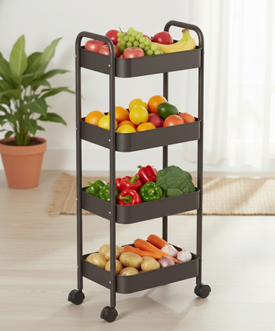 KRISHYAM® 4-Tier Metal Rolling Storage Trolley Cart with Wheels & Handle | Multipurpose Utility Organizer for Kitchen, Bathroom, Office & Salon | Heavy-Duty Steel (4-Layer Square)