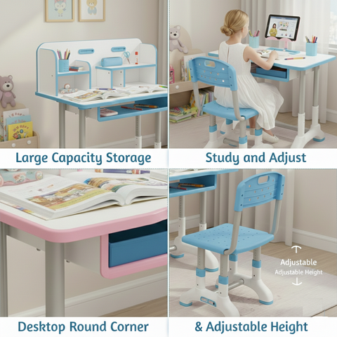 KRISHYAM® Kids Adjustable Study Table & Chair Set with Storage Drawer & Bookshelf | Height Adjustable Student Study Desk for Boys & Girls | Ergonomic Design (Blue & White (C23))