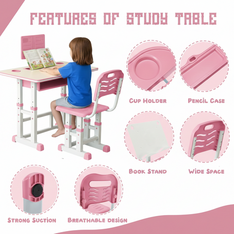 KriShyam ® Height Adjustable Kids Study Table & Chair Set with Book Stand & Drawer Plastic Desk Chair (Finish Color - Pink & White (K01), DIY(Do-It-Yourself))