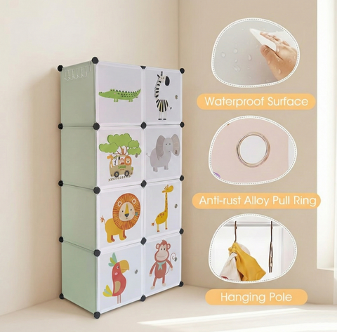KRISHYAM® Kids Jungle Animal Print Collapsible Wardrobe with 2 Hanging Rod &1 External Hanger Hook | 8/12-Cube Modular Plastic Storage Cabinet | DIY Foldable Clothes Organizer (8/12 Box Lion Print)