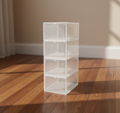 KRISHYAM® Clear Stackable Shoe Storage Boxes with Transparent Front Door & Aromatherapy Floral Fragrance | Front-Open Foldable Shoe Organizer (BLACK,White PACK OF 4)