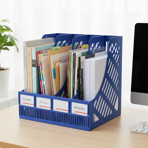 KRISHYAM ® 4 Slot Plastic Magazine File Holder Rack | Desktop Document Organizer | A4 File Storage Stand | Multi-Compartment Office Desk Organizer for Books, Folders & Papers (FILE ORGANISER (BLACK, Blue)