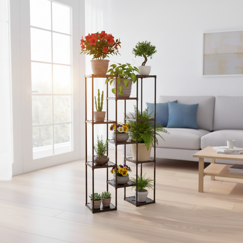 KRISHYAM® 11-Tier Plastic Flower Stand for Indoor & Outdoor | Multi-Layer Plant Display Rack for Pots | Rust-Free, Heavy-Duty Garden Organizer Shelf (BLACK, 11 TIER)