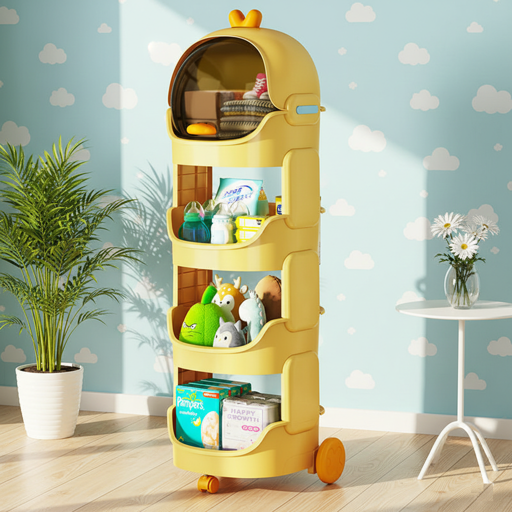 KRISHYAM® Space Astro Storage Organizer with Wheels | 4-Tier Kids Toy, Diaper & Baby Essentials Storage Cabinet | Space-Themed Plastic Organizer (4-Tier Kids Seace Astro (Yellow))