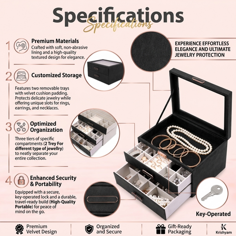 BucketList® Premium PU Leather Jewellery Organizer Box with Glass Lid | 2 Pull-Out Drawers Multi-Compartment Storage for Rings, Earrings, Necklaces & Bracelets (2-Layer Jewelry Box (Black, Pink, Red, White)