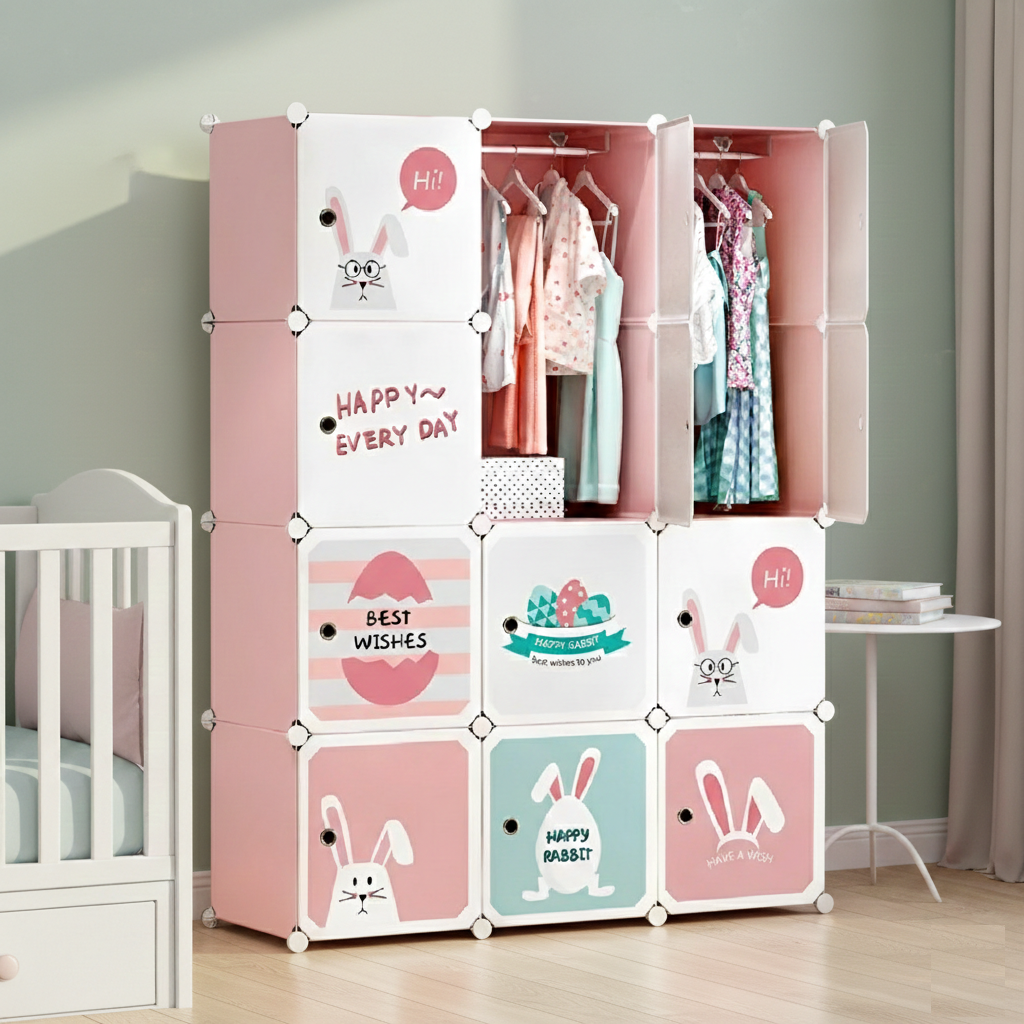 KRISHYAM® Kids Cartoon Collapsible Wardrobe with 2 Hanging Rod & 1 External Hanger Hook | 8/12-Cube Modular Storage Cabinet | Foldable Plastic Cupboard for Clothes, Toys & Books (8/12 Box Rabbit Print)