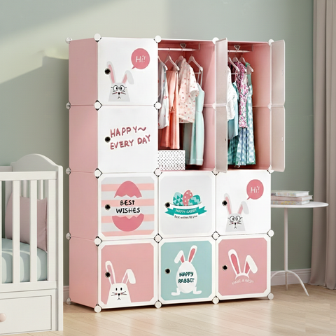 KRISHYAM® Kids Cartoon Collapsible Wardrobe with 2 Hanging Rod & 1 External Hanger Hook | 8/12-Cube Modular Storage Cabinet | Foldable Plastic Cupboard for Clothes, Toys & Books (8/12 Box Rabbit Print)
