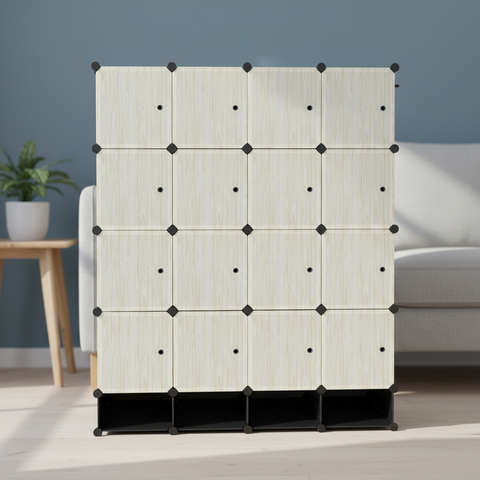 KRISHYAM® Modular 16-Cube Wardrobe Storage Cabinet with Doors, 2 Hanging Rod & 1 External Hanger Hook | DIY Plastic Closet Organizer with Metal Frame (16 Box Wardrobe + 4 Shoe Box (White))