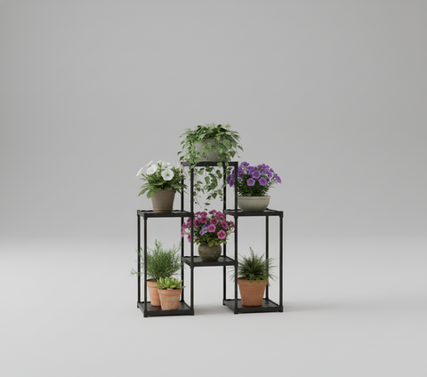 KRISHYAM® 6-Tier Plastic Flower Stand for Indoor & Outdoor | Multi-Layer Plant Display Rack for Pots | Rust-Free, Heavy-Duty Garden Organizer Shelf (BLACK & WHITE, 6 TIER)