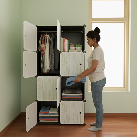 KRISHYAM® Modular 8-Cube Wardrobe Storage Cabinet with Doors, 1 Hanging Rod & 1 External Hanger Hook | DIY Plastic Closet Organizer with Metal Frame (8 Box Wardrobe + 2 Shoe Box (White))
