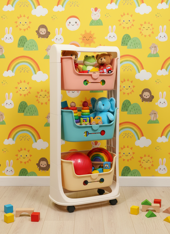 KRISHYAM® Multi-Layer Toy Storage Organizer Rack with Wheels | Kids Toy Shelf with Removable Bins for Toys, Books & Stationery (3-Tier Kids Basket (Matte Finish))