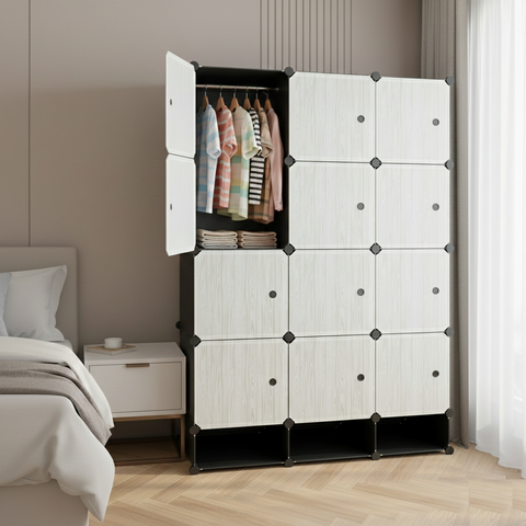 KRISHYAM® Modular 12-Cube Wardrobe Storage Cabinet with Doors, 1 Hanging Rod & 1 External Hanger Hook | DIY Plastic Closet Organizer with Metal Frame (12 Box Wardrobe + 3 Shoe Box (White))
