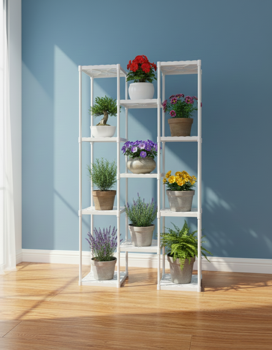 KRISHYAM® 11-Tier Plastic Flower Stand for Indoor & Outdoor | Multi-Layer Plant Display Rack for Pots | Rust-Free, Heavy-Duty Garden Organizer Shelf (BLACK, 11 TIER)