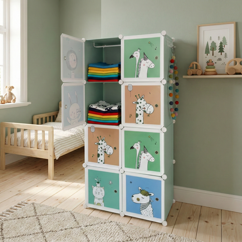 KRISHYAM® Kids Animal Print Collapsible Wardrobe |8/12-Cube Modular Storage Cabinet with 2 Hanging Rod & 1 External Hanger Hook | DIY Cupboard for Kids (8/12 Box Giraffe Print)