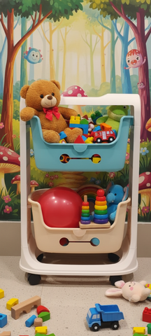 KRISHYAM® Multi-Layer Toy Storage Organizer Rack with Wheels | Kids Toy Shelf with Removable Bins for Toys, Books & Stationery (2-Tier Kids Basket (Matte Finish)