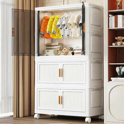 KRISHYAM® 2 Layer Plastic Wardrobe Cabinetwith Transparent Sliding Doors & Drawer Storage | Multi-Layer Clothes Organizer Cabinet with Wheels.