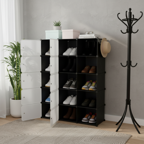 KRISHYAM® 12 Cube Modular Shoe Rack Cabinet with Doors & Side Hooks, Large Stackable Plastic Shoe Storage Organizer for Entryway, Bedroom & Closet, Space Saving (12 Door 24 Step (Black & White and simple White))
