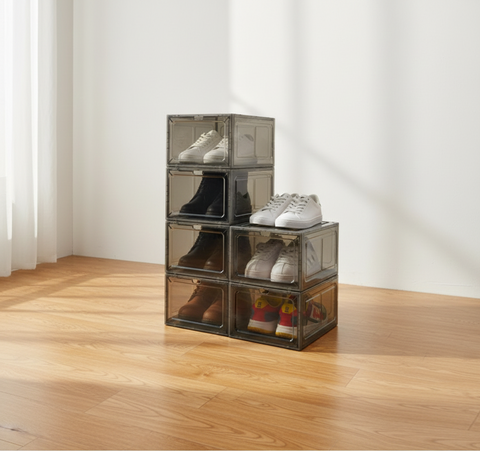KRISHYAM® Clear Stackable Shoe Storage Boxes with Transparent Front Door & Aromatherapy Floral Fragrance | Front-Open Foldable Shoe Organizer (BLACK, White,PACK OF 6)
