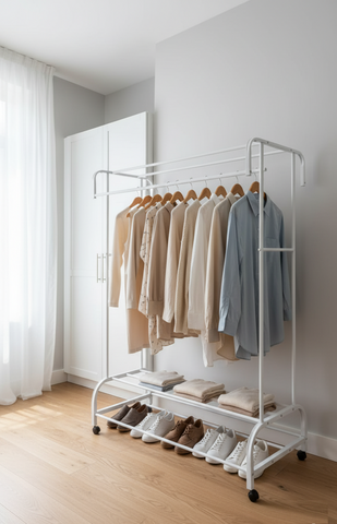 Krishyam® Premium Heavy-Duty Metal Garment Rack with Shelves & Wheels Portable Clothing Organizer with Hanging Rod & Storage for Clothes, Shoes & Accessories