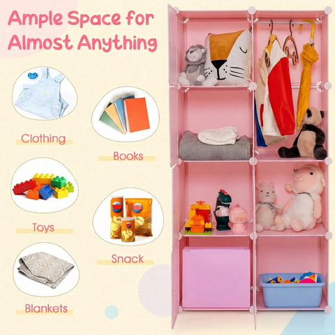 KRISHYAM® Kids Cartoon Collapsible Wardrobe with 2 Hanging Rod & 1 External Hanger Hook | 8/12-Cube Modular Storage Cabinet | Foldable Plastic Cupboard for Clothes, Toys & Books (8/12 Box Rabbit Print)