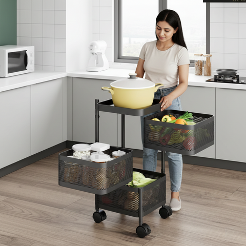KRISHYAM® 4-Tier Metal Rolling Kitchen Storage Trolley with Mesh Baskets & Wheels | Multipurpose Vegetable, Fruit & Utility Organizer Cart | Heavy-Duty Steel | Black (4-Tier Square)