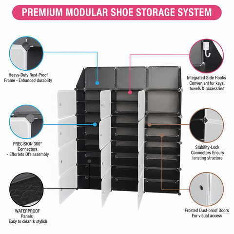 KRISHYAM® 12 Cube Modular Shoe Rack Cabinet with Doors & Side Hooks, Large Stackable Plastic Shoe Storage Organizer for Entryway, Bedroom & Closet, Space Saving (12 Door 24 Step (Black & White and simple White))